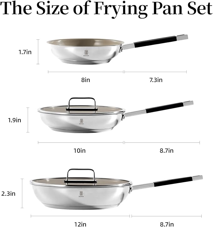 ROYDX Stainless Steel Fry Pan Set Titanium Ceramic Non Stick Frying Pan with Lid 8", 10" and 12" Oil Gather Pro Non Stick Skillets with Stay-Cool Handle PFOA Free, Compatible with All Cooktops