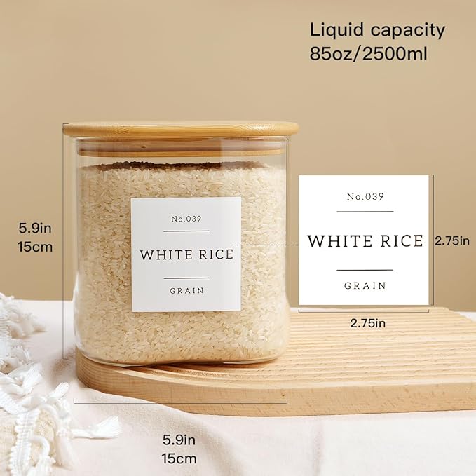 Large Glass Flour and Sugar Containers with 42 Kitchen Pantry Labels - 85 Oz Glass Food Storage Containers with Airtight Lids - Square Glass Jars with Bamboo Lids for Rice, Pasta, Cookies