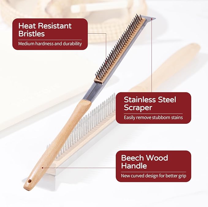 15x12 Inch Pizza Stone and Brush Set, Rectangle Pizza Baking Stone with Stainless Steel Bristle Grill Brush for Oven, Grill, BBQ, Cordierite Cooking Stone