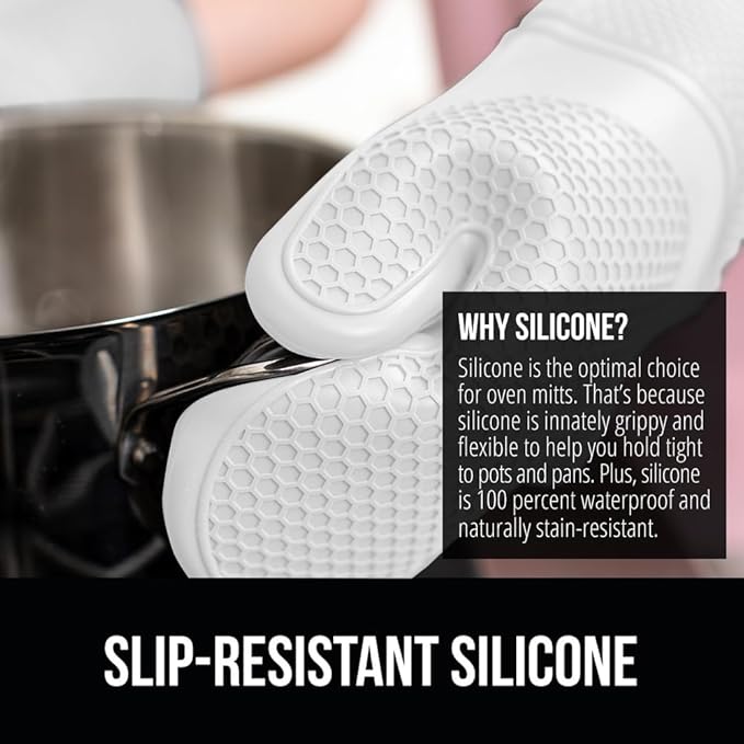 GORILLA GRIP BPA-Free Soft Silicone Oven Mitts, Heat Resistant and Waterproof Cooking Gloves, Thick Cotton Lining, Flexible Gripping for Baking Grilling, Kitchen Potholders Set of 2, 12.5x8.3, White