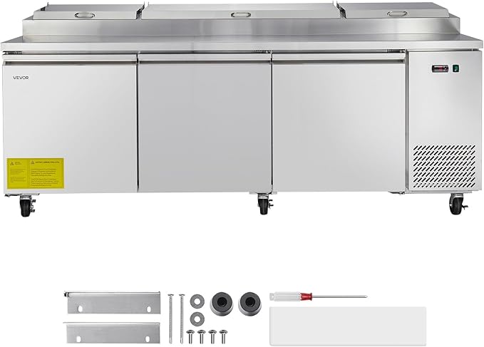 VEVOR 93"W Commercial Refrigerator, Pizza Prep Refrigerated Table, 19.3" Ultra Wide Countertop Food Prep Cooler, 30.8 Cu.Ft Single Door Salad Prep Fridge, 12 Pans Pizza Make Worktop with Cutting Board