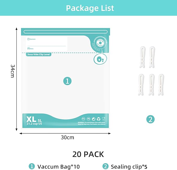 24pc BPA Free Vacuum Sealer Bags, Reusable Sous Vide & Food Storage, 20pc Vacuum Zipper Bags & 4 Seal Clips (11.8x13.4 Inch)