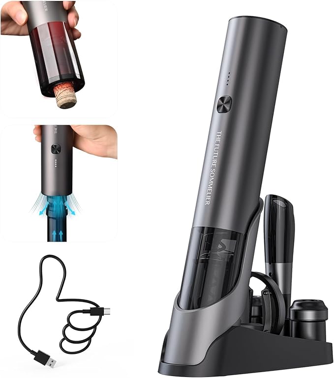 CIRCLE JOY Rechargeable Electric Wine Bottle Opener Set 7-in-1 Aluminum Alloy Wine Gift Set with 2-in-1 Electric Corkscrew & Vacuum Pump, Foil Cutter, Wine Pourer, Charging Base and 2 Wine Stoppers