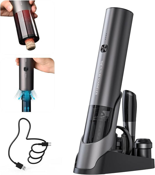 CIRCLE JOY Rechargeable Electric Wine Bottle Opener Set 7-in-1 Aluminum Alloy Wine Gift Set with 2-in-1 Electric Corkscrew & Vacuum Pump, Foil Cutter, Wine Pourer, Charging Base and 2 Wine Stoppers
