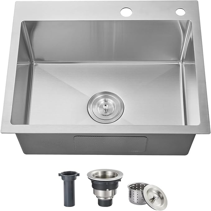 ROVOGO 24 inch Kitchen Sink Drop in, 304 Stainless Steel Single Bowl Top Mount, 9 inch Deep Modern Sink for Kitchen, Brushed, 24"x18"x9"