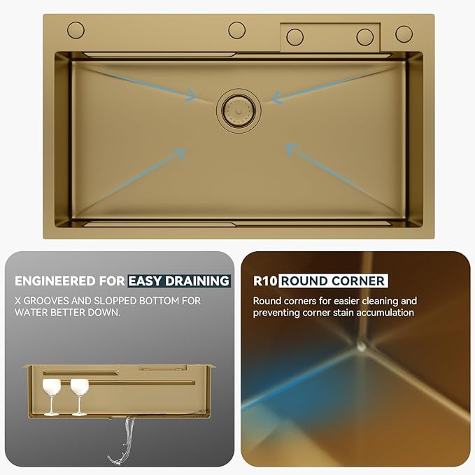 Lordear 33 Watefall Gold Kitchen Sink Drop In 33x19x9 Inch Topmount Sink Stainless Steel 16 Gauge Single Bowl Multifunctional Workstation Sinks with Built-in Accessories