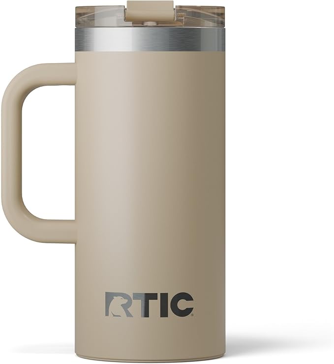 RTIC 16oz Road Trip Travel Mug with Lid and Handle, Ceramic Lined, Insulated, Stainless Steel, Metal, Double Wall Vacuum-Insulation, Portable Coffee, Tea Cup for Hot and Cold Drink, Beach