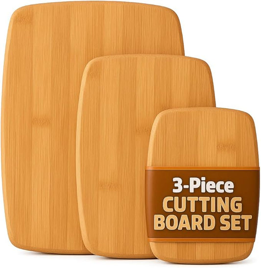 Bamboo Cutting Board Set of 3 - Reversible Wooden Cutting Boards for Kitchen, Chopping Meat, Cheese, Vegetables, Bread, Charcuterie, Serving Tray - 13"x9.5", 11"x8.5", 8"x6" Boards