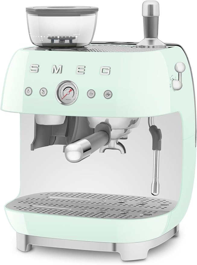 Smeg EGF03 Semi-Automatic Espresso Machine with Built-In Grinder, Dual Thermoblock, 50’s Retro Style – Pastel Green (120 V)