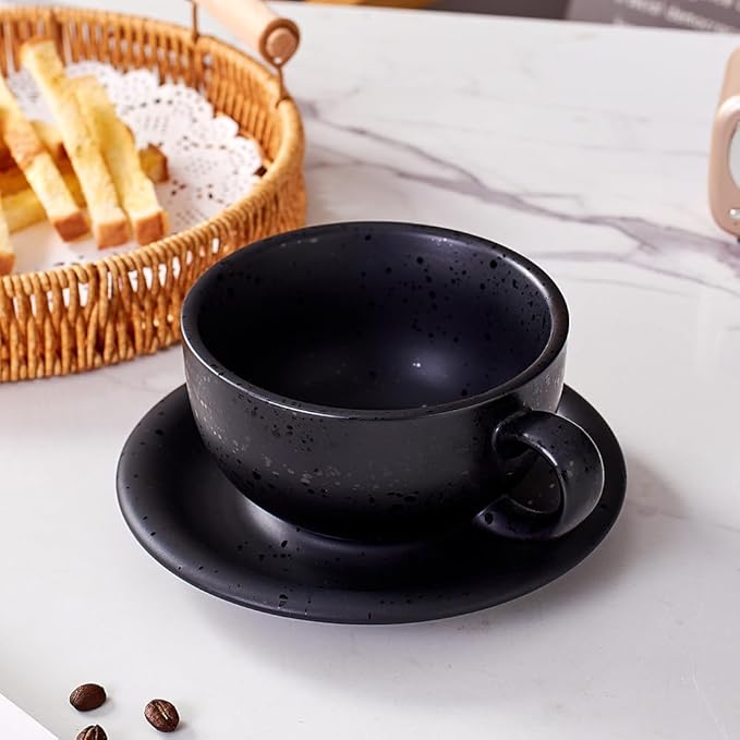 Vintage Design 12 oz Ceramic Latte Art Cappuccino Barista Cup with Saucer (Facular Black)