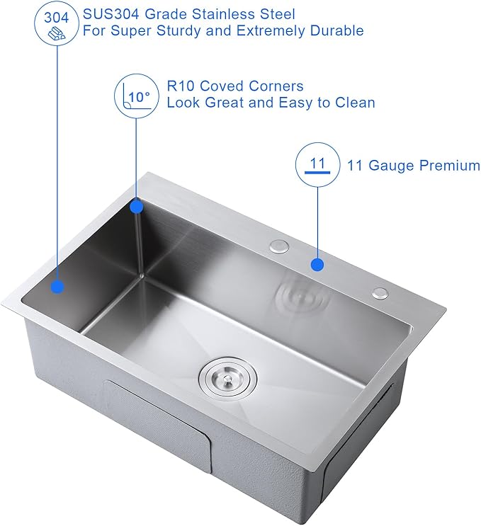 MENATT 25 Inch Drop in Kitchen Sink with 2 Faucet Holes, 25" x 18" Single Bowl 9 inch Deep 18 Gauge Stainless Steel Topmount Kitchen Sink, Brushed Nickel