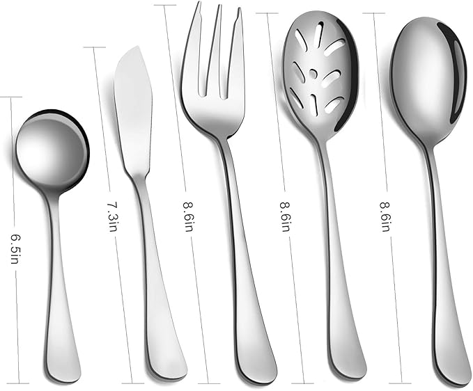 SHARECOOK 5-Piece 18/0 Stainless Steel Serving Set,Large Hostess Set with Round Edge,Mirror Finished,Dishwasher Safe -Spoons, Forks,Butter Knife& Slotted Spoon(Serving set, Silver)