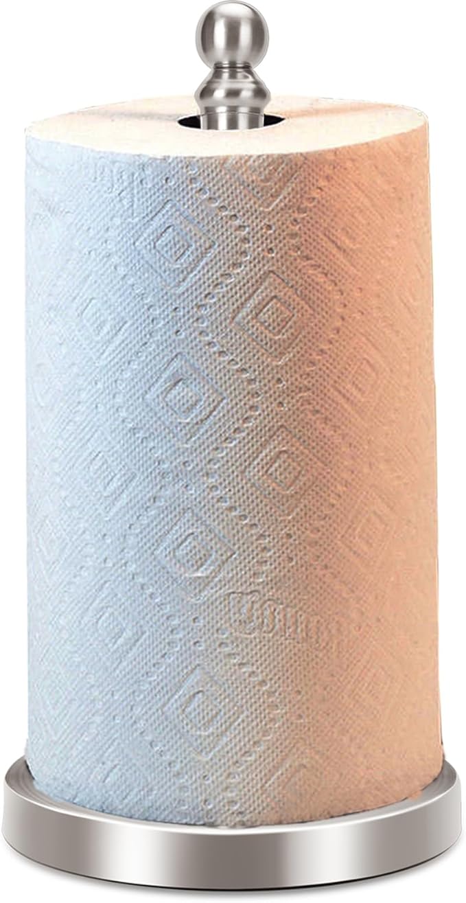 Paper Towel Holder Countertop with Weighted Base, One-Handed Design No Tipping Over, Stainless Steel Paper Towel Holder Stand in Brushed Nickel Finish