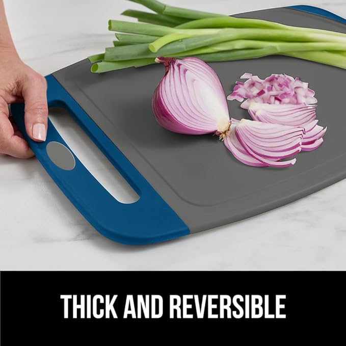 GORILLA GRIP BPA-Free Reversible Kitchen Cutting Board Set of 3, US Designed, Nonporous, Juice Grooves Catch Liquid, Slip Resistant Border, Dishwasher Safe, Durable Food Chopping Boards, Blue Gray