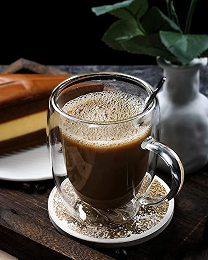 LIBWYS 2 Pack Double Walled Coffee Cups Glasses Mugs, 12oz Espresso Cappuccino Latte Tea Cups with Handle, Heat Resistant Borosilicate Clear Glasses 350ml