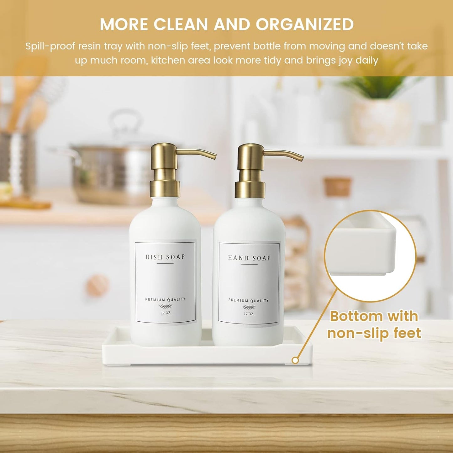 Glass Soap Dispenser for Kitchen, Farmhouse Kitchen Dish Soap Dispenser&Hand Soap Dispenser Set, Rustproof Pump Soap Lotion Dispenser Bathroom with Tray, Waterproof Label for Decor(White