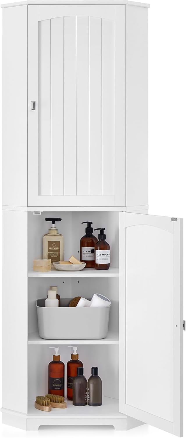 VASAGLE Corner Cabinet, Tall Corner Storage Cabinet with 2 Doors and 4 Adjustable Shelves, for Bathroom Kitchen Living Room, Modern Farmhouse Design, White UBBC541P31