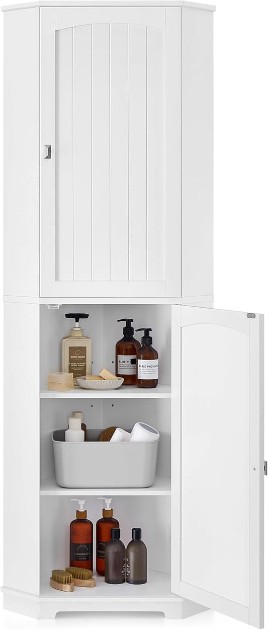 VASAGLE Corner Cabinet, Tall Corner Storage Cabinet with 2 Doors and 4 Adjustable Shelves, for Bathroom Kitchen Living Room, Modern Farmhouse Design, White UBBC541P31