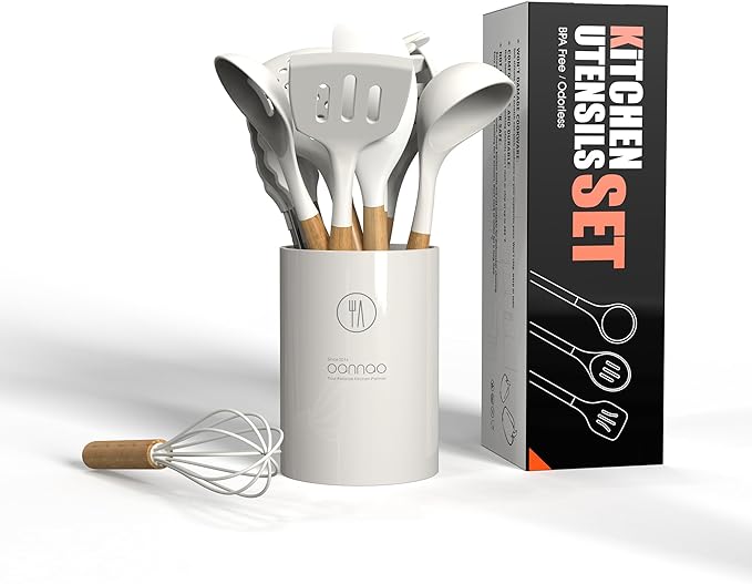 Silicone Cooking Utensils Set - 446°F Heat Resistant Silicone Kitchen Utensils for Cooking,Kitchen Utensil Spatula Set w Wooden Handles and Holder for Non-Stick Cookware (Cream White)