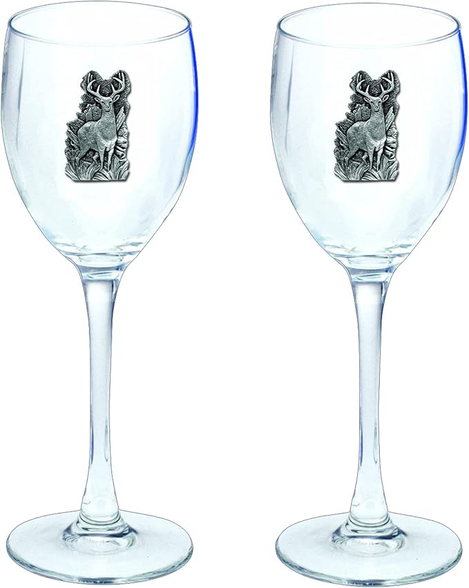 Heritage Pewter Whitetail Deer Glass Goblets – Set of 2 | 12 OZ Goblet Wine Glasses | Expertly Crafted Pewter Glass