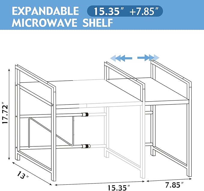 Extendable Microwave Oven Rack，Adjustable Microwave Stand Kitchen Counter Shelf Kitchen Utensils Storage, Stainless Steel 2-Tier Over Microwave Shelf Countertop Organizing Rack with 4 Hooks（S）