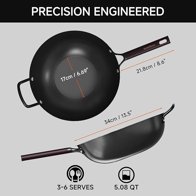 13.5" Carbon Steel Wok Pan - Pre-Seasoned Flat Bottom Woks & Stir-fry Pans Chinese Cookware with Lid & Spatula - For Pan-fry,Stir Fry, Steam, BBQ & Camping - Compatible with Induction, Gas