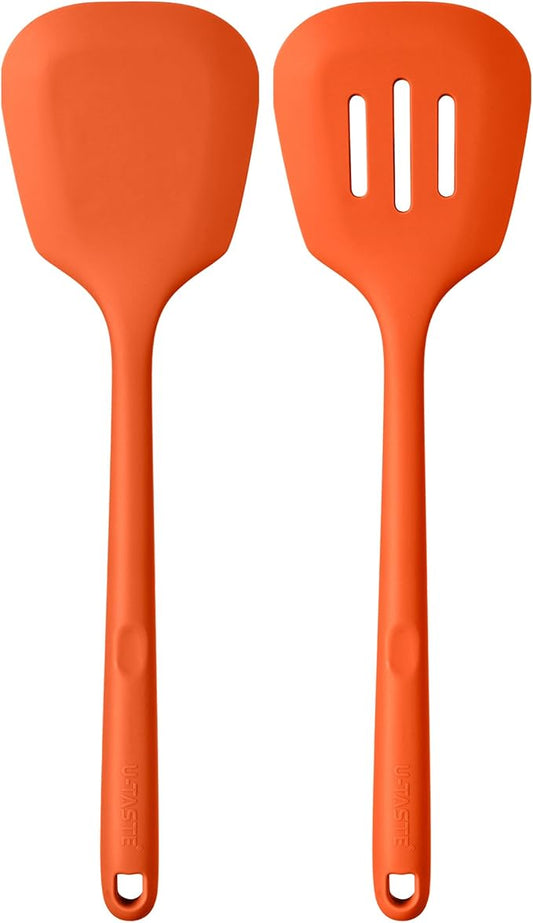 600ºF Heat Resistant Silicone Turners: U-Taste 13.6in Long Solid & Slotted Kitchen Spatula Flipper, Large Flexible Cooking Utensil for Flipping Egg, Pancake in Nonstick Cookware(Orange, 2PCS)