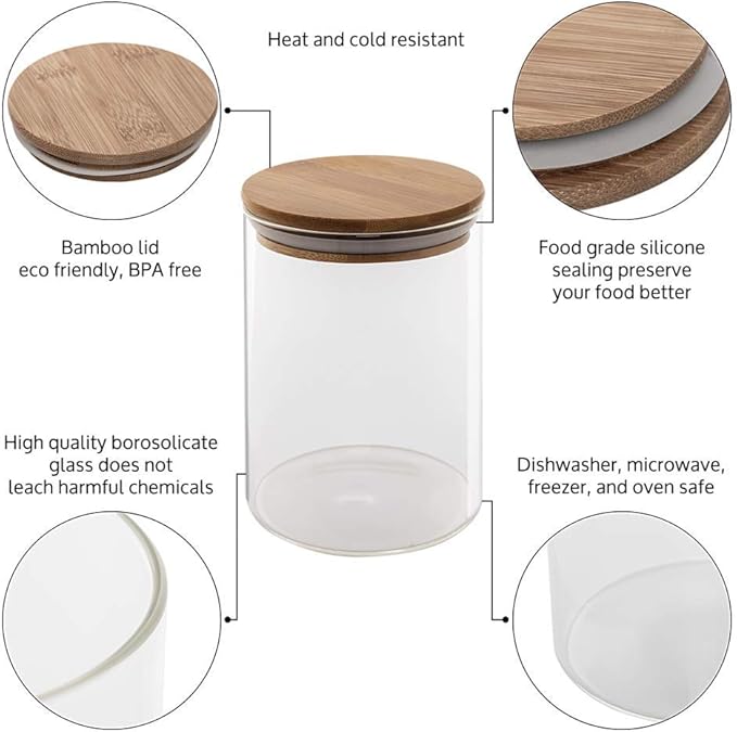 Set of 5 Glass Kitchen Canisters with Airtight Bamboo Lid - Glass Storage Jars for Pantry Organization and Bathroom for Flour, Coffee, Cookie Jar, Candy, Snack, Pasta, Rice, Sugar Packet Holder