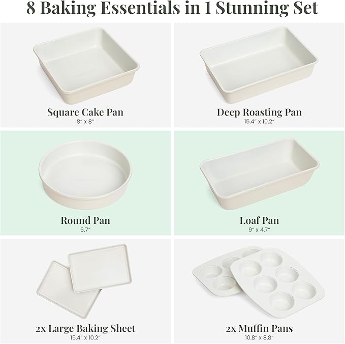 Larder & Vine 8-Piece Bakeware Set | Non-Stick Baking Set with Ceramic Finish | PFAS, PFOA, PTFE, and BPA Free Baking Essentials | Baking Sheets, Muffin Tins and Assorted Baking Pans | French Gray