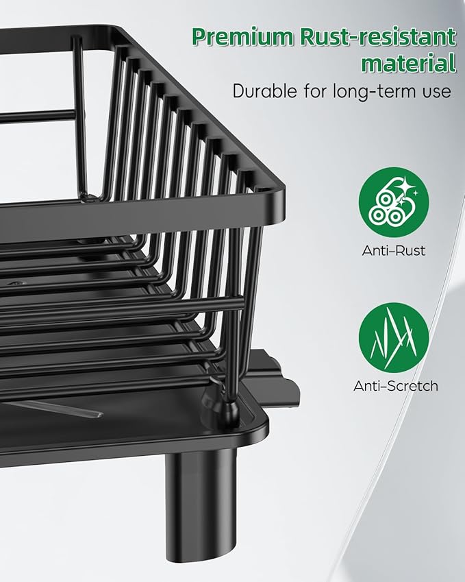 Dish Drying Rack, Stainless Steel Drainer Rack with Drainboard with Smart Drainage System, Space Saving Dish Strainer for Kitchen Counter with Cutlery Holder, Black