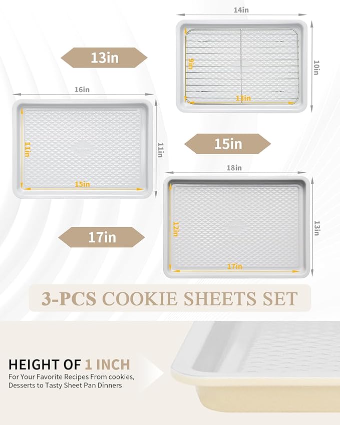 Nonstick Ceramic Baking Sheet With Rack, 3-Pack Half/Jelly Roll/Quarter Sheet Pan, Non-Toxic, PTFE & PFOA Free, Warp-Free, Oven Safe 550°F, Dishwasher Safe, Aluminized Steel, Gray Yellow