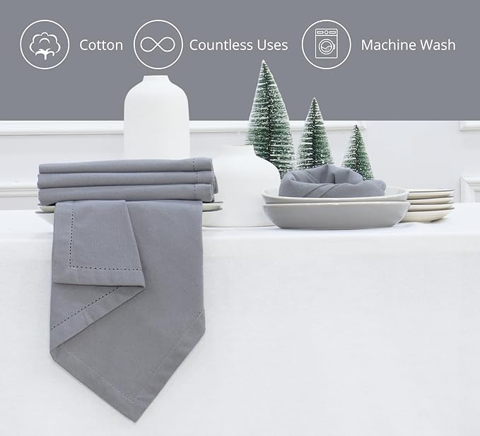 PurpleEssences Set of 6 Hemstitch Cloth Dinner Napkins 100% Cotton - Soft Durable Washable - Ideal for Wedding Christmas Holiday Winter - Perfect Everyday Use Table Linen 18x18 - Ash Grey
