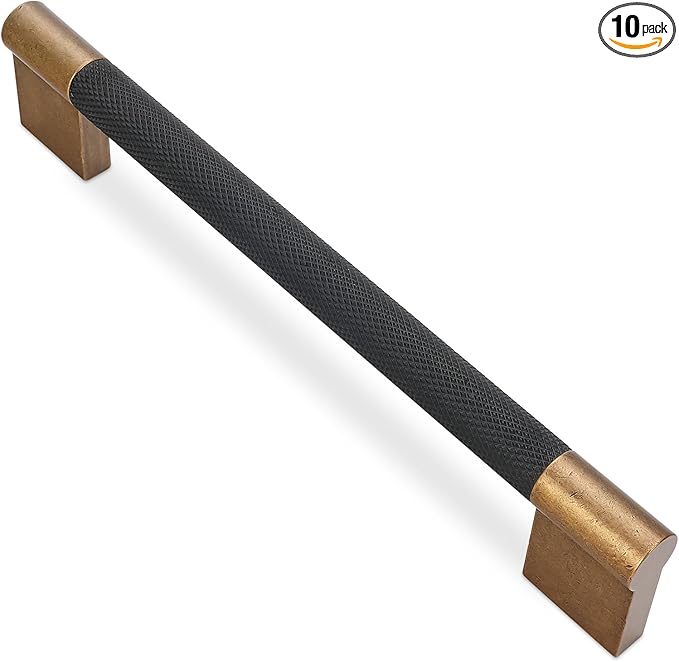 10 Pack 6-1/4 inch(160mm) Black and Antique Brass Kitchen Cabinet Handles Knurled Cabinet Pulls Black Drawer Pulls