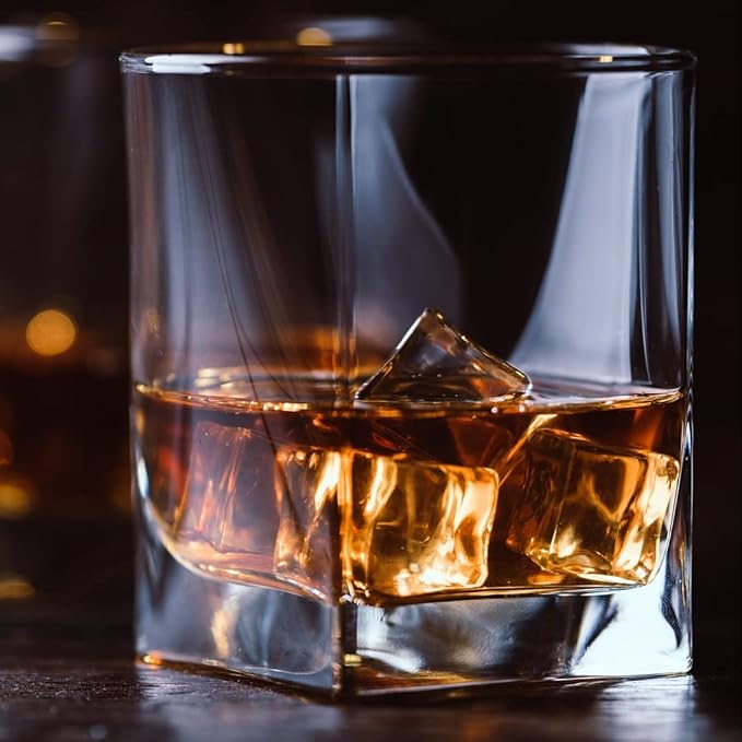 Square Drinking Whiskey Glasses Set of 4, Old Fashioned Glass Cup Bar Set, Stemless Everyday Rocks Whisky Glass Best Present for Men, Scotch, Bourbon, Vodka, Wine, Cocktail, Liquor, Tequila, Smoothie