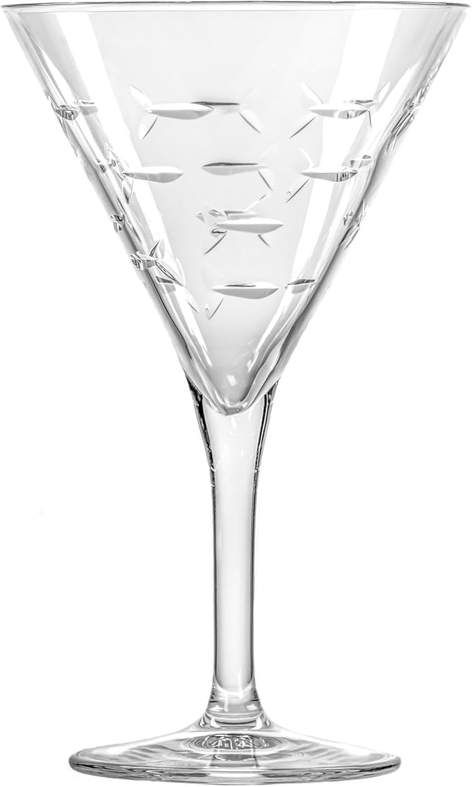 Rolf Glass School of Fish Martini Glass | Stemmed 7.5 oz. Martini Glasses | Lead-Free Glass | Diamond-Wheel Engraved Cocktail Glasses | Made in the USA (Set of 2)