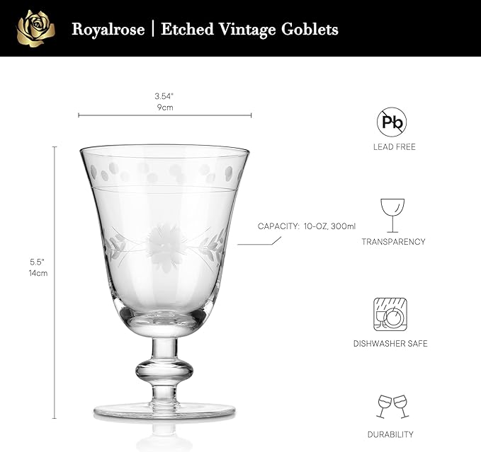 Premium Delight Vintage Wine Glasses Set of 4, 10 oz – Hand-Blown with Etched Stem, Classic Glassware for Weddings, Dinners, and Holiday Gifting (Vintage Goblets)