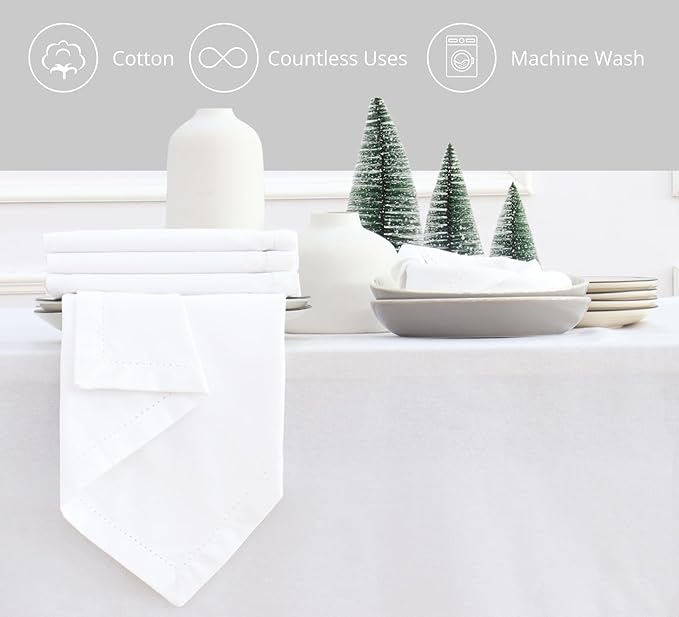 PurpleEssences Set of 6 Hemstitch Cloth Dinner Napkins 100% Cotton - Soft Durable Washable - Ideal for Wedding Christmas Holiday Winter - Perfect Everyday Use Table Linen 18x18 - White