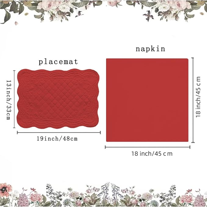 Christmas Placemats Set of 4 with Matching White Cotton Napkins – 4 Piece Table Mats & 4 Cloth Napkins – Quilted Table Linen Set for Everyday & Holiday Dining (4, Red)