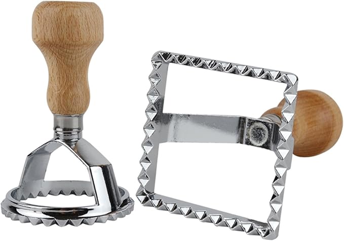 Ravioli Maker Cutter Stamps Set Round & Square Shape Ravioli Masker - Large Size Aluminum Press with Wooden Handle and Fluted Edge, Set of 2