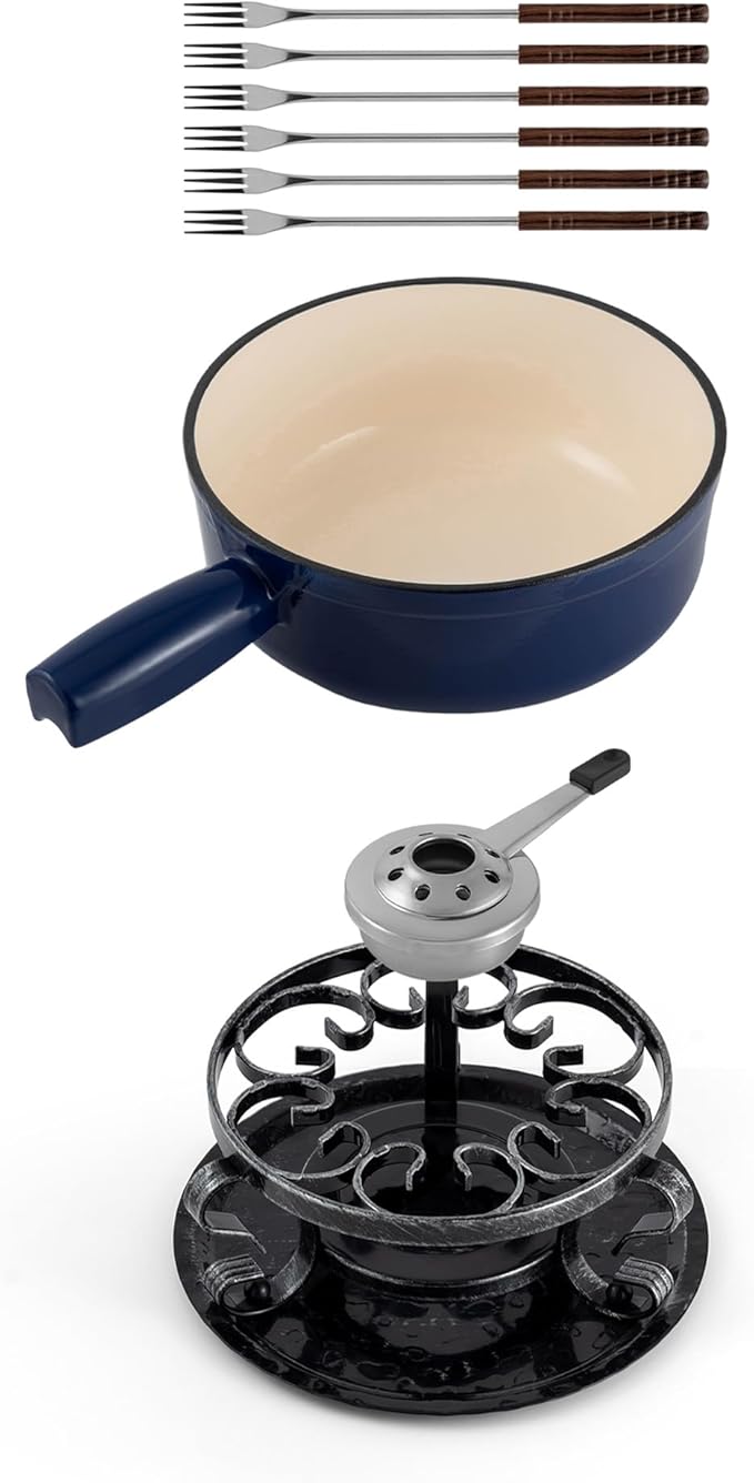 Swissmar Lugano Cast Iron Cheese Fondue Set, 9-Piece, 2 QT / 2 L - Ideal for Melting Cheese, Chocolates, Caramel, & More - Perfect for Kitchen Collection & Gift Giving - Deep Blue
