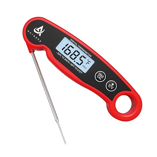 Aurasky Instant-Read Meat Thermometer Digital for Cooking and Grilling, Waterproof Food Thermometer with Backlight, Calibration & Hold Function for Kitchen, BBQ, Deep Fry, Candy, Liquid (Red)