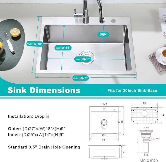27x18 Inch Drop in Kitchen Sink, 18 Gauge Stainless Steel Handmade Single Bowl Kitchen Sink 9'' Deep Basin Bowl with Grid, Brushed