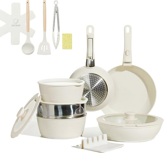 21PCS Nonstick Ceramic Pots and Pans, Ceramic Cookware with Detachable Handle, RV Kitchen Cookware Set, Cookware Set with Removable Handles, Oven Safe, Stackable Storage