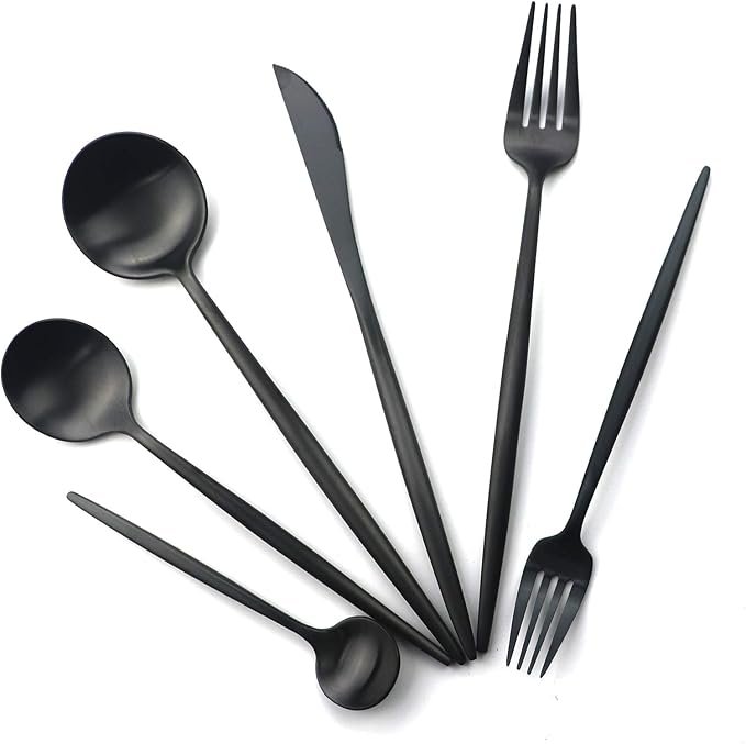 Gugrida 24-Piece Matte Black Handle 18/10 Stainless Steel Silverware Set, Titanium Black Cutlery, Flatware Set for Home & Restaurant, Dishwasher Safe