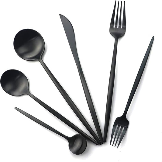 Gugrida 24-Piece Matte Black Handle 18/10 Stainless Steel Silverware Set, Titanium Black Cutlery, Flatware Set for Home & Restaurant, Dishwasher Safe