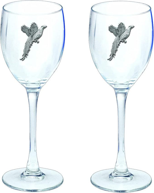 Heritage Pewter Pheasant Glass Goblets – Set of 2 | 12 OZ Goblet Wine Glasses | Expertly Crafted Pewter Glass