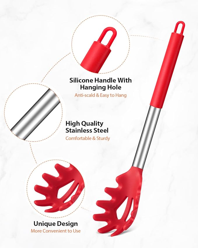 Silicone Spaghetti Spoon & Pasta Tong With Pasta Measurer, 3 Pack of Non-Stick Stainless Steel Handle Pasta Fork Set with Teeth, Food Clip for Easy Serving of Noodles (RED)