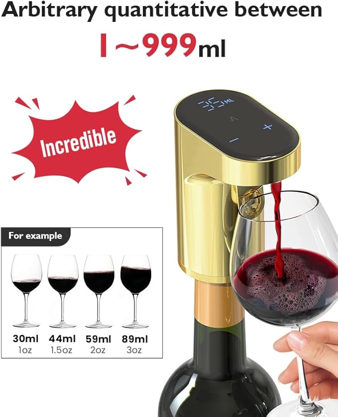 Smart Digital Wine Dispenser & Electric Aerator with Auto Stop, 1-999ML Quantitative Pour & Hands-Free Sensor for Wine, Whiskey, Spirits - Ideal Gift for Men, Dad, Him, Wine Enthusiasts (Gold)