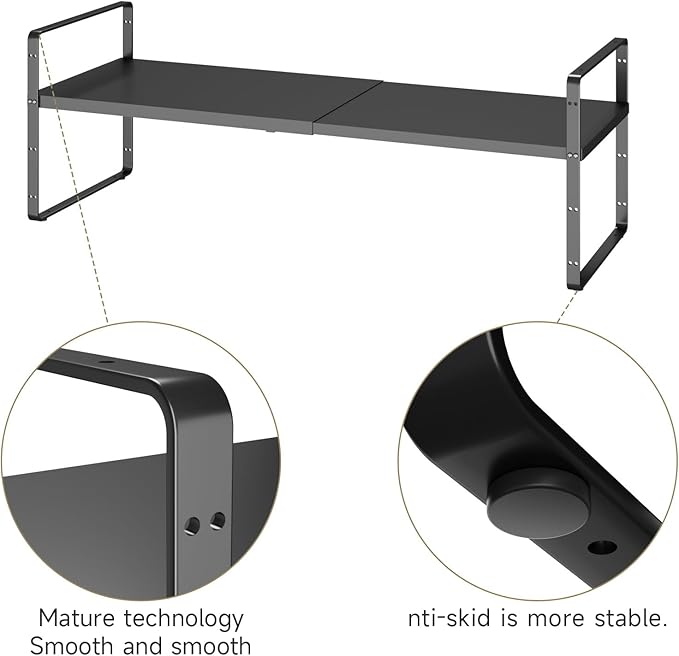16.5~27.1" Expandable Shelf Organizer, 2Pack 10.2" Wide Stackable Cabinet Shelf Organizers, Black Metal Sturdy Kitchen Counter Storage for Countertop, Adjustable Height Spice Rack