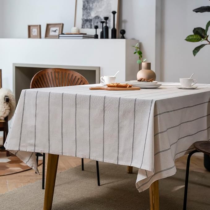 ArtBud Cotton Linen Table Cloths Boho Farmhouse Heavy Fabric Table Cover Burlap Striped Washable Table Top for Parties Coffee Kitchen Picnic Rectangle/Oblong, 55"×86"(6-8 Seats)
